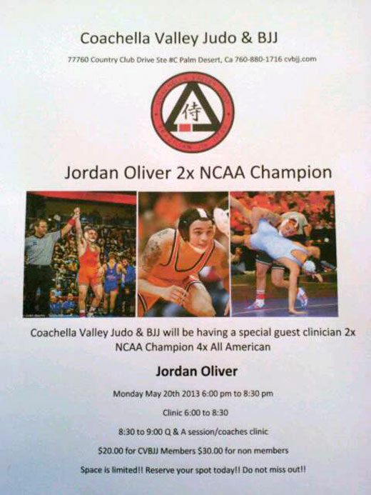 Jordan Oliver 2x NCAA Champion, 4x All American will be at Coachella Valley Judo & Brazilian Jiu Jitsu May 20th